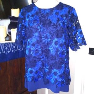 Tahari Black & Blue Cotton Eyelet Blouse Size Large Lined VERY NICE
